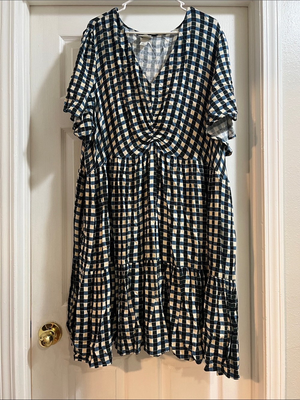 Ava & Viv Navy and White Gingham V-Neck Tiered Midi Dress